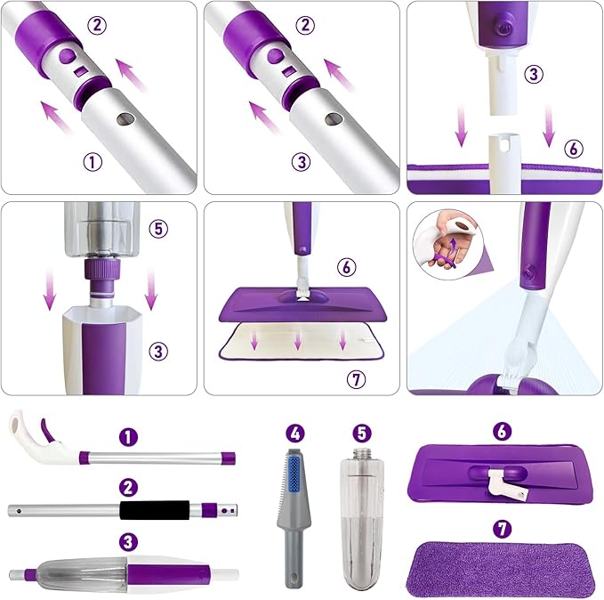 Spray Mops for Floor Cleaning Floor Mop with a Refillable Spray Bottle and 3 Washable Microfiber Pads Home or Commercial Use Dry Wet Flat Mop for Hardwood Laminate Wood (Pure Purple)