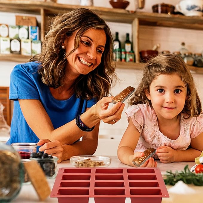 JOERSH 2pcs Granola Bar Mold Rectangle Silicone Candy Bar Mold Deep for Baking Chocolate Energy Bars/Protein/Nutrition/Cereal Bars/Cheesecake/12-Cavity Butter Mould