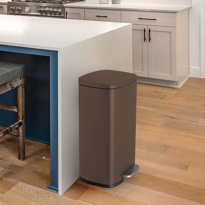 8 Gal Kitchen Trash Can, 30L Recycling or Garbage Bin, Brushed Stainless Steel Waste Basket, Soft&Quiet Close Dustbin, with Step-On Pedal, Removable Inner Bucket, for Home, Office, Living Room