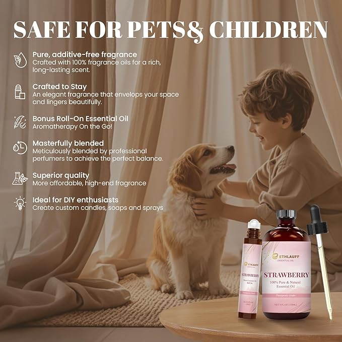 Strawberry Essential Oil (4 fl.oz Bottle + 0.34 fl.oz Roll-On) — Strawberry Oils for Aromatherapy, Diffusers, Humidifiers, Home fragrances, DIY Skincare, Candle, Soap Making, Relaxation, Yoga