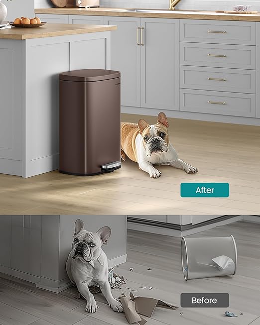 SONGMICS 13 Gallon (50 L) Trash Can, Stainless Steel Kitchen Garbage Can, Recycling or Waste Bin, Soft Close, Step-On Pedal, Removable Inner Bucket, Brown ULTB50BR