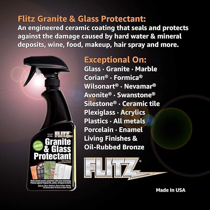 Flitz Granite & Glass Protectant - 16oz Bottle of USA-Made Granite Sealer and Glass Countertop Protector - Cleans & Prevents Liquid, Stains, & Others - Also Works on Marble & All Metals (3 Pack)