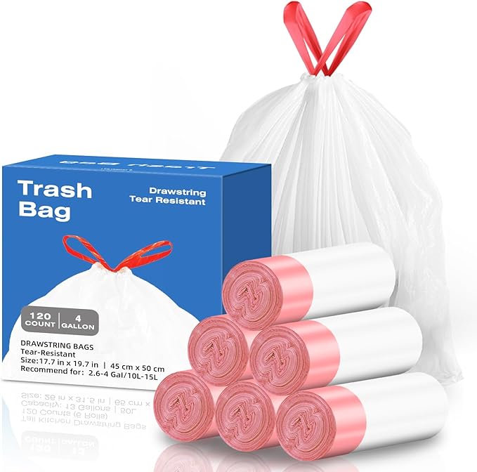 KUK 4 Gallon Drawstring Trash Bags - 120 Count White Small Garbage Bags, Unscented Strong Plastic Waste Basket Liners for Home/Office/Car, Fits 10-15 Liter Bins, 6 Rolls with Tear-Free Design