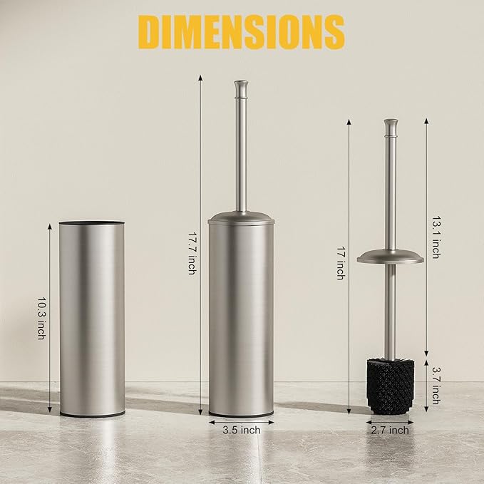 BESy Toilet Brush and Holder, Toilet Cleaner Bowl Set with Two Brush with Extra Long Handle, Durable Bristles Toilet Scrubber and Covered Holder, Drip-Proof Stainless Steel Brushed Nickel