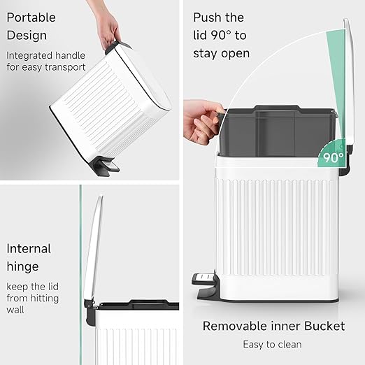 TIPGO Slim Bathroom Trash Can with Lid Soft Close, Step Pedal, 6 Liter / 1.6 Gallon Stainless Steel Trash Bin, Small Garbage Cans for Bedroom, Office, Kitchen (White)