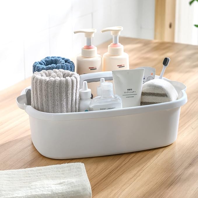 Cleaning Supplies Caddy, Household Tool Organizer with Handle, Portable Plastic Bucket for Shower Essentials Storage, White