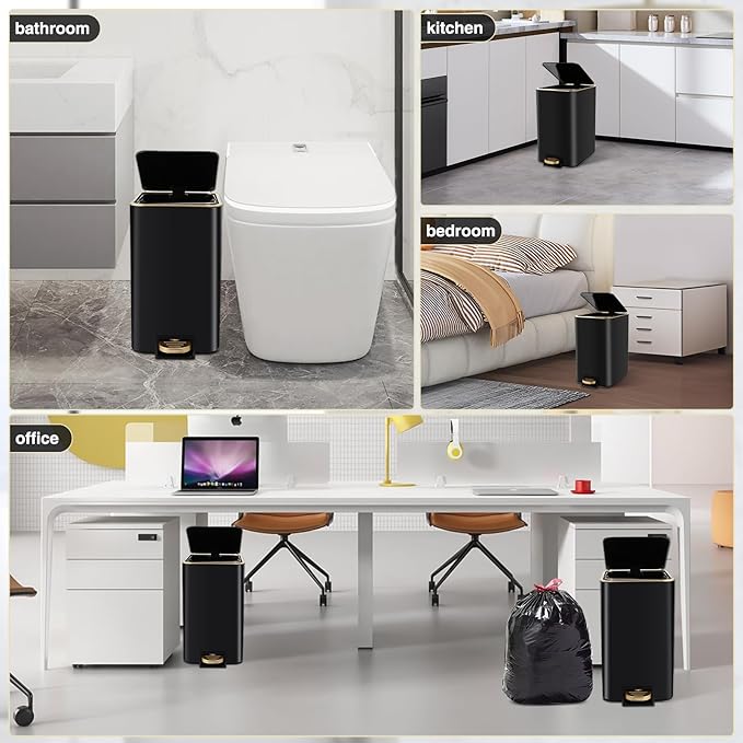 Small Bathroom Trash Can with Lid Soft Close, 1.8 Gallon Stainless Steel Garbage Can with Removable Inner Bucket,80Count Compostable Trash Bags, Slim Step Pedal Trash Bins