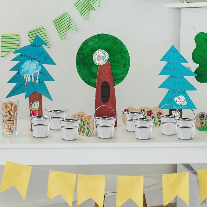 2.1" Galvanized Mini Tin Buckets – 24Pcs Silver Metal Buckets with Handle Best for Party Favors, Bridal Shower and Craft Projects (Silver, 2.1")