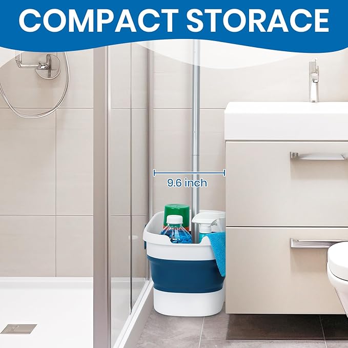 Collapsible Mop and Bucket Set with Scrub Mop and Brush, Tile Laminate Hardwood Floor Brush and Flat Mops for Floor Cleaning, Foldable Bucket with Washable Microfiber Mop(Blue)