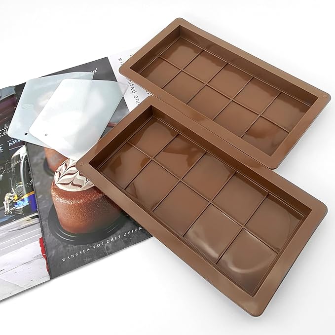 Quacc 2 PCS Dubai Chocolate Bar Molds with Spatulas, Flexible Silicone Chocolate Mold Candy Bar Mold for DIY Baking (Brown)