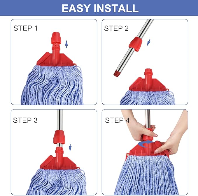 Commercial Mop with 60" Mop Handle, Heavy Duty Industrial Cotton Mops for Floor Cleaning, Looped-End String Wet Mops for Home, Kitchen, Garage, Office, Workshop, Warehouse Concrete/Tile Floor