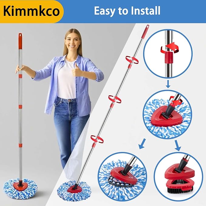 Small Spin Mop Replacement Head for O Cedar RinseClean 2-Tank System, 4 Fluffy Microfiber Mop Refills with 1 Small Base & 1 Scrubber Head & 30-58in Mop Handle, Deep Clean, Machine Washable