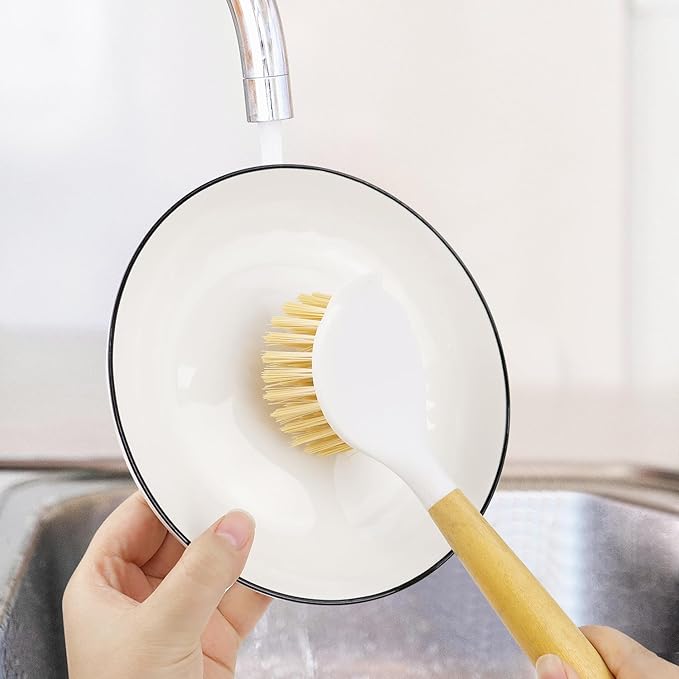 2 Pack Kitchen Scrub Brushes for Cleaning Dish Brush with Handle for Pans, Pots, Kitchen Sink Cleaning Scrub Brushes (Wooden Handle)