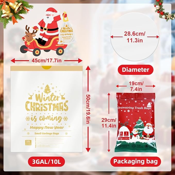 3 Gallon Christmas Drawstring Trash Bags – 50 Count Small Christmas Printed Garbage Bags, Festive Printed Waste Bin Liners, Holiday Christmas Supplies for Bathroom, Party Cleanup, Gold