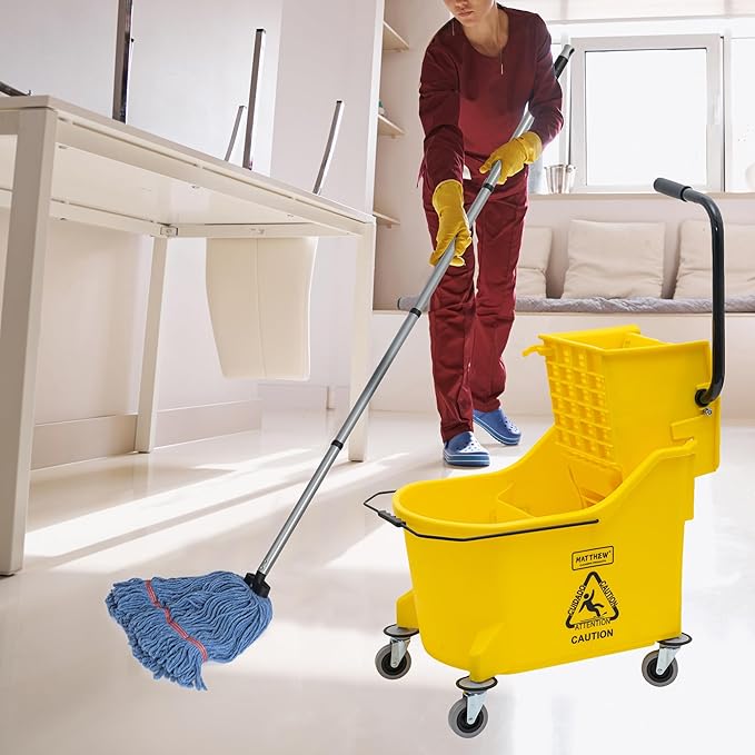 Matthew Cleaning 44Quart Commercial Mop Bucket INCL.Wet String Mop& 19'' Industrial Wet Floor Sign with Side Press Wringer On Wheels,Tandem Portable Floor Cleaning Wavebrake,Ideal for Household
