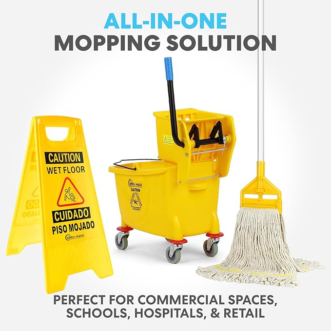 Simpli-Magic Side Press Wringer Combo Commercial Mop Bucket on Wheels, 35 Quart,Yellow, Including Wet Floor Caution Sign and Mop Set