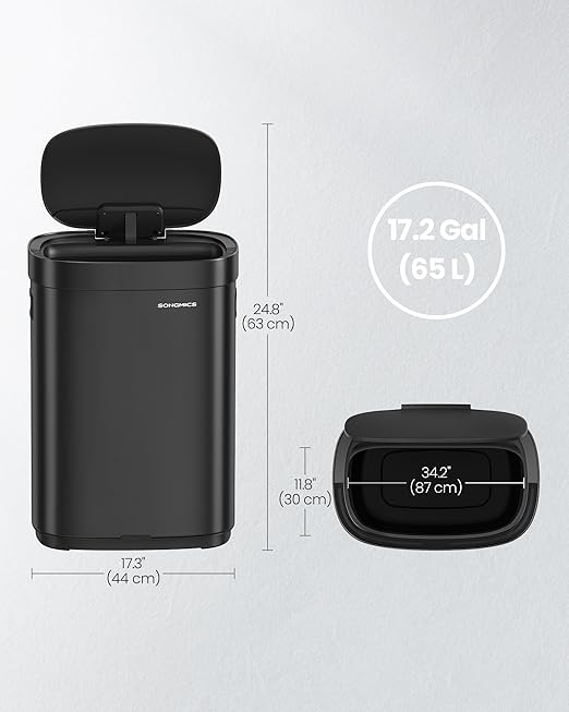 SONGMICS Kitchen Trash Can, 17.2-Gallon (65 L) Motion Sensor Garbage Can, Stainless Steel Trash Bin, Ozone Odor Control, Stay-Open, Ink Black ULTB660B01