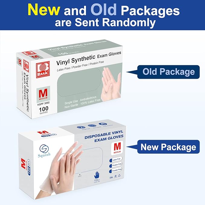 squish Disposable Gloves, 100 Count 4 mil Clear Vinyl Gloves Latex Free Powder-Free Health Glove Cleaning Rubber Glove for Kitchen Cooking Cleaning Food Handling, Medium