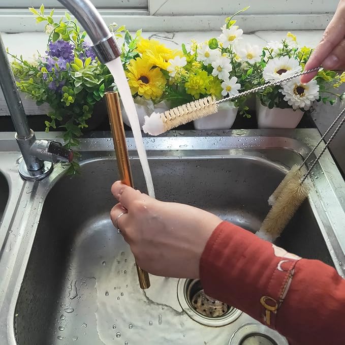 Coralpearl Bottle Brushes Thin Long Handle X 2, Skinny Wire Cleaner Set in Stainless Steel with Natural Boar Bristle at Wool Tip, Bendable Flexible for Cleaning Narrow Neck Bottles, Pipe, Tube, Hose