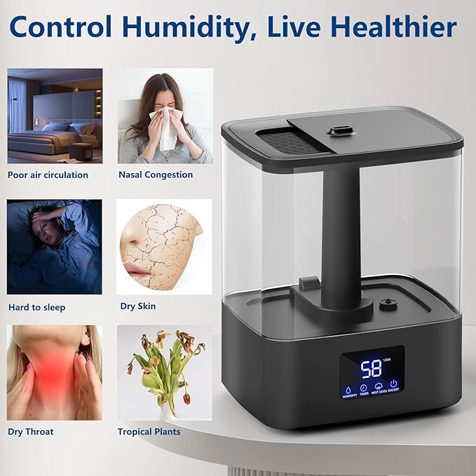 KZF 4L Top Fill Humidifiers for Bedroom & 60H Runtime - Cool Mist Humidifier, 3 Mist Levels, 8H Timer, Essential Oil Tray, Humidity Display, Quiet for Bedroom, Baby, Plants, Large Room