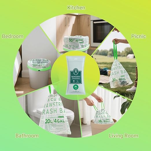 OKKEAI 4 Gallon Green Drawstring Trash Bags, Printed Unscented Heavy Duty Small Garbage Liners for Kitchen & Bathroom – 90 Count Leak-Proof