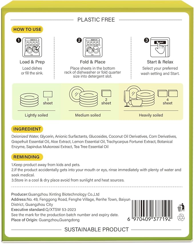 YUCO Dishwasher Detergent Sheets 100 Loads, Liquid-Free Dish Soap Cleaner Strips Eco-Friendly No Plastic Dishwasher Pods Detergent, Use in Dishwasher or Sink, Leaving Dishes Sparkling Clean (Lemon)