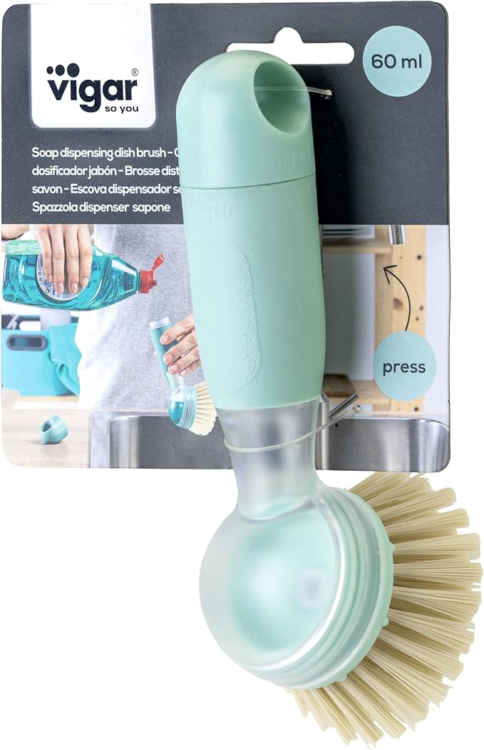 Vigar Rengo Soap Dispensing Dish Brush, Dish Brush with Soap Dispenser for Pot Scrubber, Dishes, Sink Cleaner, and Kitchen Essentials, Turquoise