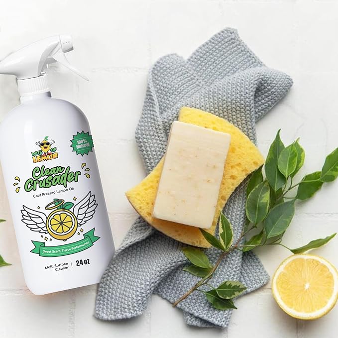 Clean Crusader 24 oz Natural Cold Pressed Lemon Oil Multipurpose Cleaner Spray for Kitchen, Bathroom, Hardwood Floors at home and office | 3 simple ingredients | Made in USA