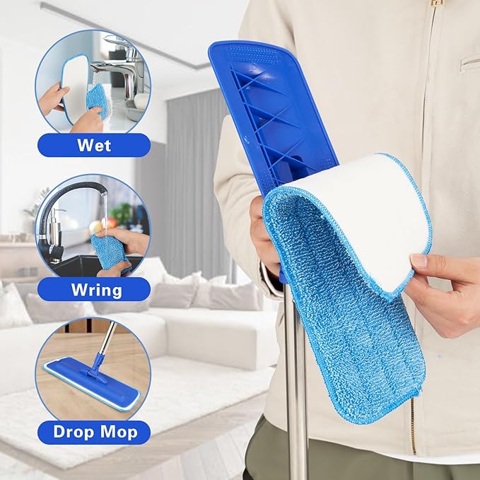 17.5" Professional Microfiber Floor Cleaning Mop, Flat Mop with Stainless Steel Handle, 2 Reusable Washable Pads, Wet and Dust Mopping for Hardwood, Vinyl, Laminate, Tile Cleaning (Blue)