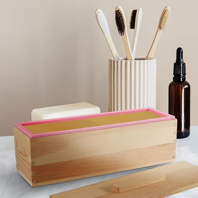JEUIHAU 3 Set 42 oz Silicone Soap Loaf Mold, Flexible Rectangular Silicone Soap Mold with Wood Box and Cover for Making Soap Cake Chocolate
