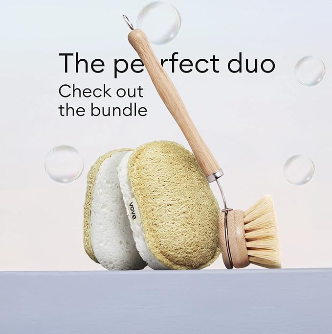 Vove Bamboo Dish Brush, FSC-Certified - Includes 3 Replacement Heads - Natural Fiber Bristles - Non-Toxic, Plastic-Free - Scrub Brush for Pots, Pans & Dishes