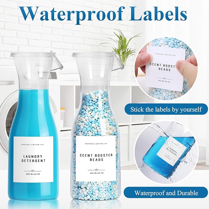 Laundry Detergent Dispenser Bottle 20oz with Waterproof Label for Laundry Detergent Soap Fabric Softener Bleach Scent Booster Beads, Sturdy PET Bottle for Laundry Room Decor 2 Pack White