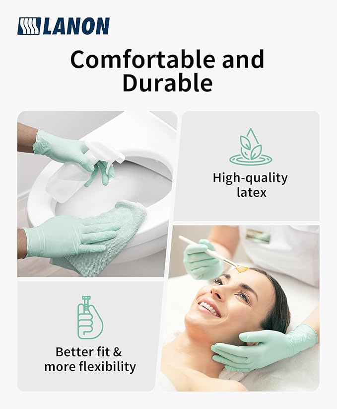 LANON 5 mil Vitamin-E Coated Latex Disposable Gloves, Food-Contact Grade, Fully Textured, Green, Large