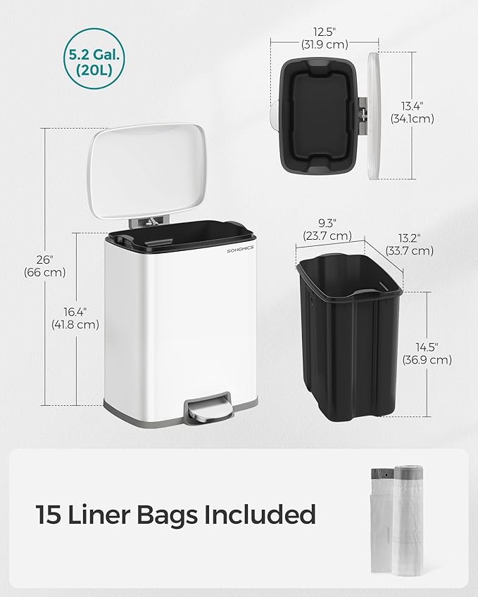 SONGMICS Trash Can, Garbage Can with Lid, 5.2-Gallon (20L) Step Trash Bin for Kitchen, Stainless Steel, Soft Close and Stays Open, Inner Bucket, Includes 15 Trash Bags, White ULTB543W01