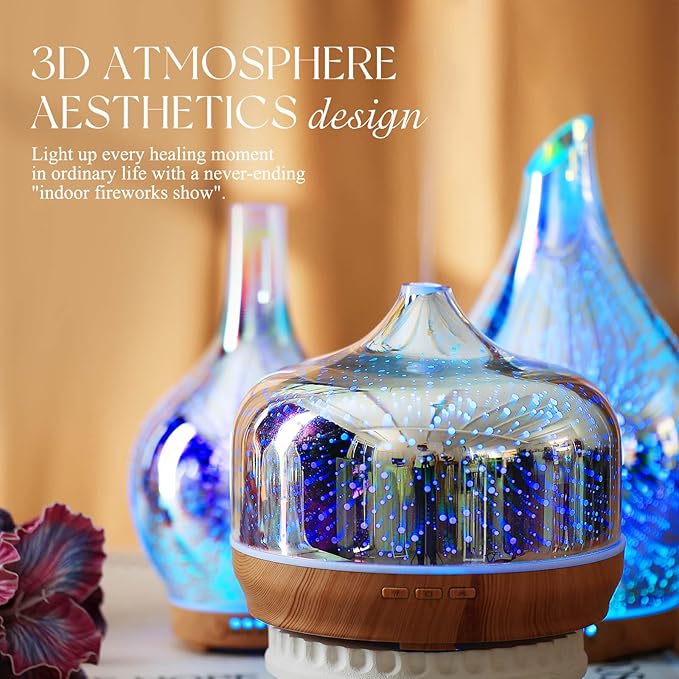 Porseme 500ml Essential Oil Diffuser 3D Glass Aromatherapy Ultrasonic Humidifier - Auto Shut-Off, Timer Setting, BPA Free for Home Hotel Yoga Gift