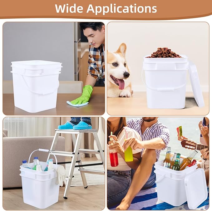3 gal Food Grade Plastic Bucket Pail Container with Lid/Handle (Pack of 4)