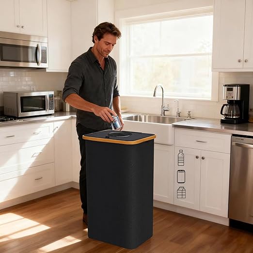 Recycling Bin for Kitchen 26 Gallon, 100L Large Recycle Bins with Bamboo lid, 2 Removeable Reusable Inner Bags, Foldable Kitchen Trash Can for Recycling Bottle Glass Waste Plastics, Black