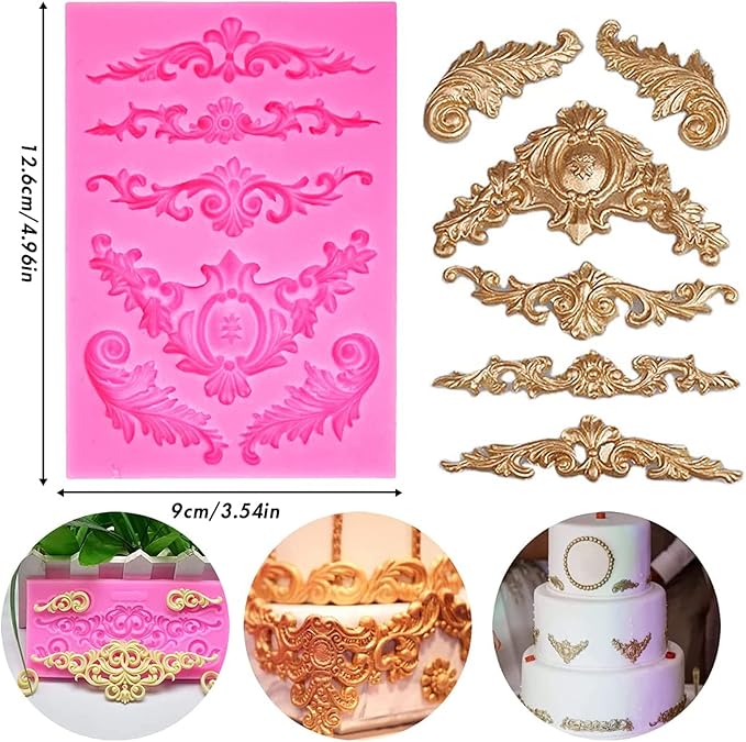 Baroque Style Silicone Molds, Curlicues Scroll Lace Fondant Molds, Vintage Relief Flower Mould Filigree 3D Clay Mold for Gummy Sugar Cookie Pastry Chocolate Mold for Clay Cupcake Topper Decor(6Pcs)