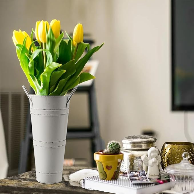 4 Pack 9 Inch Tall Galvanized French Flower Bucket, White Farmhouse Vintage Metal Vases with Handle for Floral Wedding Arrangements
