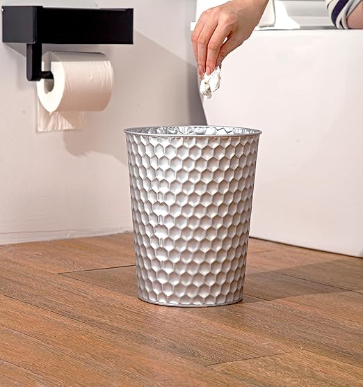 Small Metal Trash Can Wastebasket, Decorative Honeycomb Garbage Can Waste Basket, Modern Farmhouse Round Trash Bin for Bathroom, Bedroom, Kitchen and Office (Silver)