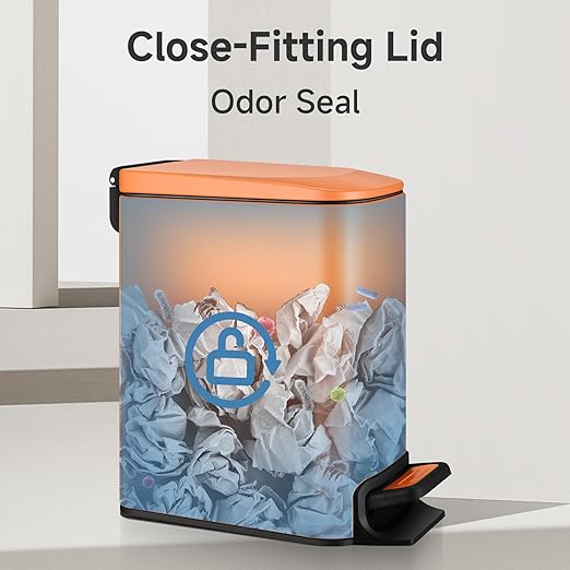 TIPGO Small Bathroom Trash Can with Lid Soft Close, 6 Liter / 1.6 Gallon Stainless Steel Garbage Can with Removable Inner Bucket, Step Pedal, Slim Trash Cans for Bedroom, Office, Kitchen (Orange)