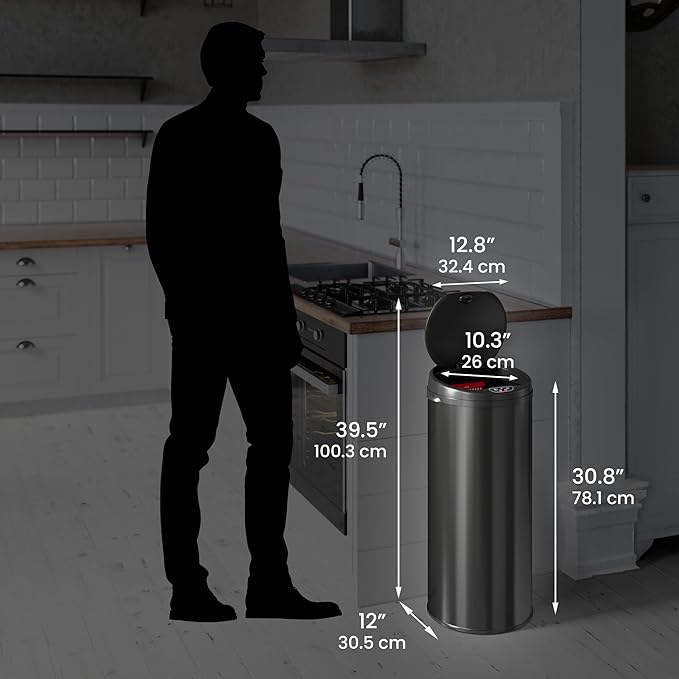 iTouchless 50 Liter / 13 Gallon Sensor Kitchen Trash Can with Odor Filter – Slim Round Black Stainless Steel Automatic Garbage Recycling Bin for Home, Office, Business, Garage