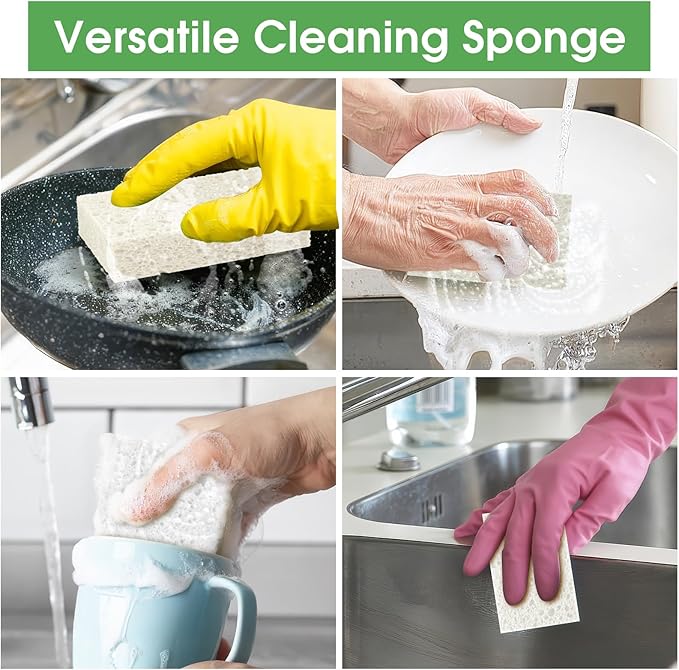 12 PCS Dish Sponges Kitchen, Non Scratch Cleaning Sponge for Non Stick Cookware, Natural Compressed Cellulose Wash Scrub for Household Bathroom, Soft Washing Scrubbers (White)