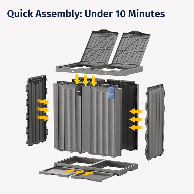 EAST OAK 62 Gallon Outdoor Trash Can | Waterproof Resin Garbage Can with Recycle and Garbage Labels | Secure Bag Lip Lock and Drip Tray | Outside Trash Bin for Patio | Kitchen, Backyard or Deck | Gray