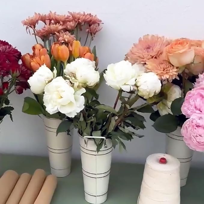 8 Pack 9 Inch Tall Galvanized Flower Bucket, Beige Farmhouse French Flower Bucket with Handle, Rustic Vintage Metal Vases for Flower, Centerpieces, Floral Wedding Arrangements