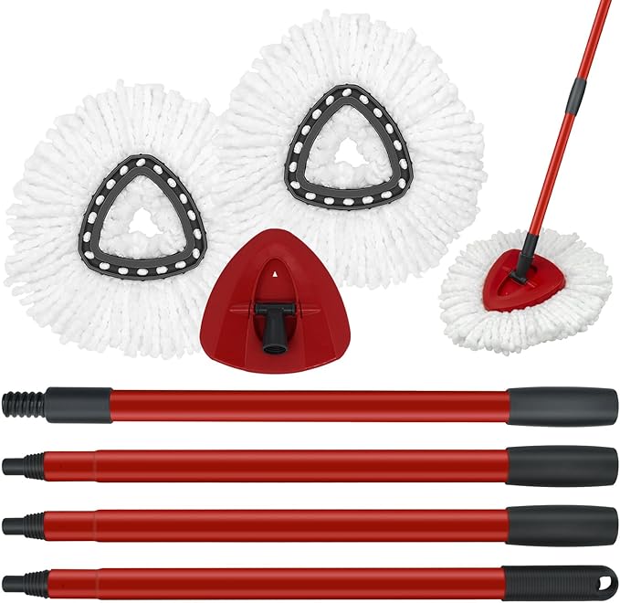 Mop Replace Heads Mop Handle and Mop Base Replacement for O Cedar EasyWring 1-Tank Spin Mop System, 2 Microfiber Mop Head Refills, 4-Section Iron Mop Handle 30-58in and 1 Mop Head Cover Set(No Bucket)