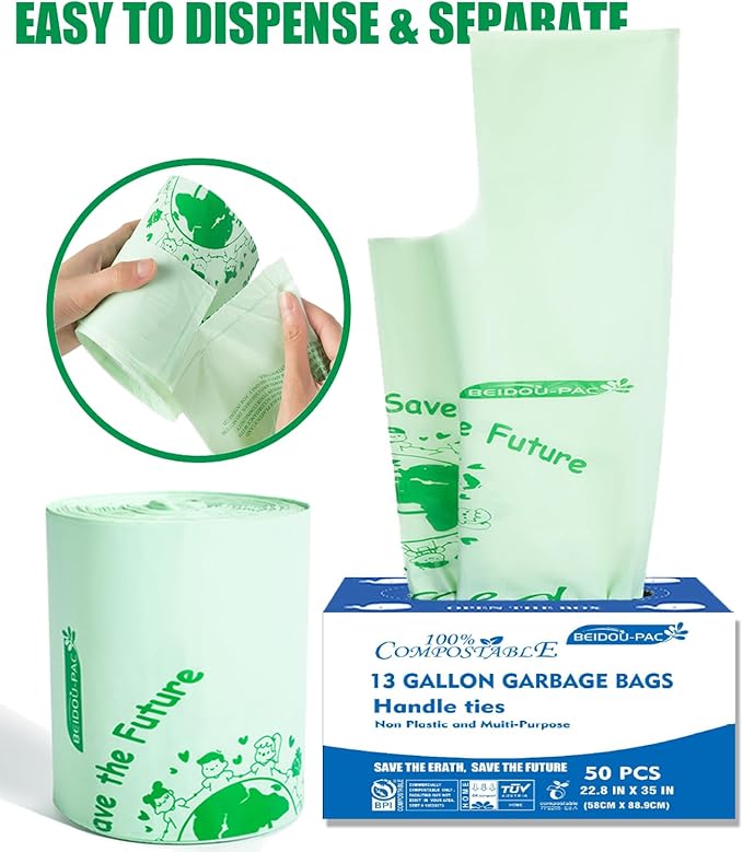 13 Gallon Compostable Tall Kitchen Trash Bags with Handle, 50 Count, Sturdy Biodegradable Garbage Bags for Food Scrap Waste, ASTM D6400, US BPI Certified