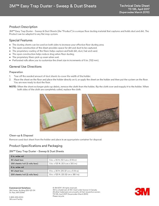 3M Easy Trap Sweep and Dust Sheets, 1 Roll of 250 8" x 6" Sheets, Disposable Easy Sweep Floor Duster, Picks Up 8x More Dirt, Dust, Sand, Hair, Works on Dry or Wet Surfaces, 55654W