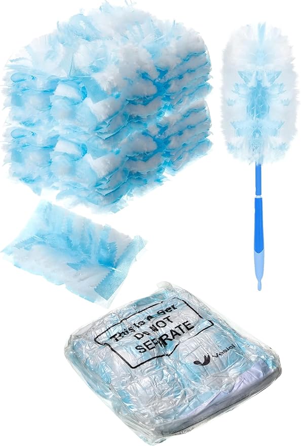 Vesici 100 Pcs Duster Refills Compatible with Swiffer Dusters Bulk Disposable Replacement Thickened with 1 Handle Heavy Duty for Cleaning, Office (Blue)