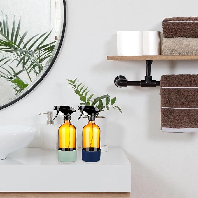 3 Pack/16 Oz Glass Spray Bottles, Refillable Empty Containers with Silicone Sleeve, Upgraded Adjustable Nozzle Spray Bottle Sets for Cleaning, Essential Oils, Hair (Amber)